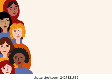 Multicultural women background card for text hand drawn flat vector illustration with women different nationalities cultures, social network, feminism, greeting template for International Women's Day 