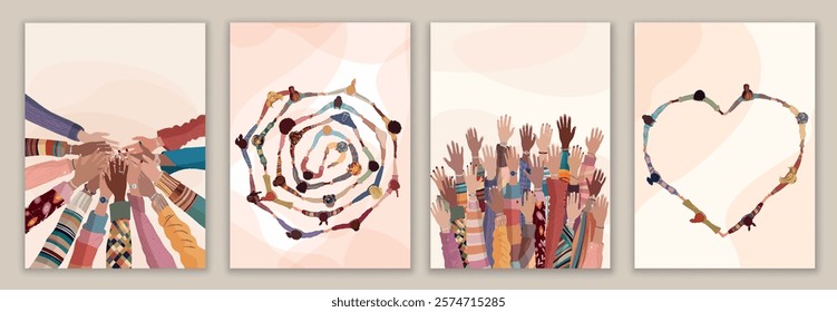 Multicultural women in circle hand in hand. Top view. International women s day. Raised hands. Diversity - inclusion - equality or empowerment concept. Banner - poster - template