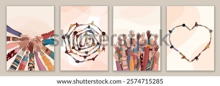 Multicultural women in circle hand in hand. Top view. International women s day. Raised hands. Diversity - inclusion - equality or empowerment concept. Banner - poster - template