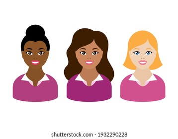 Multicultural women faces icon set vector. Different race women faces vector. Group diverse women avatar head icons isolated on a white background. Smiling business woman face avatar set