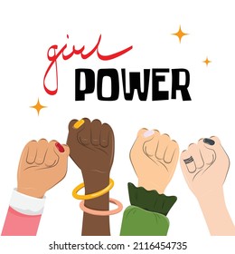 Multicultural women fists raised up. Feminism concept illustration. Girl power symbol. International woman day.