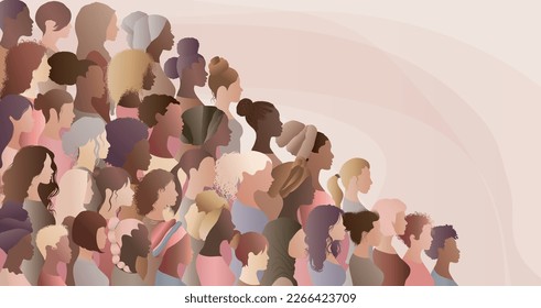 Mujeres y niñas multiculturales. Silueta de vista frontal y de perfil de retrato. Día de la mujer. Comunidad social femenina de cultura diversa. Igualdad. Compañeros. Empoderamiento o inclusión. Banner