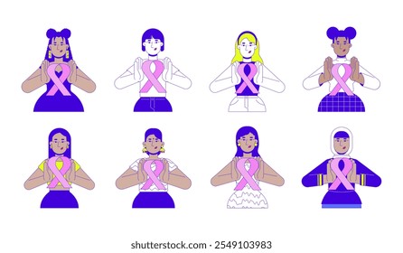 Mujeres multiculturales sosteniendo cintas rosadas conciencia de personajes de dibujos animados 2D conjunto. Sobrevivientes de cáncer de mama mujeres multirraciales personas aisladas Vector plano sobre fondo blanco. Colección de ilustraciones de punto