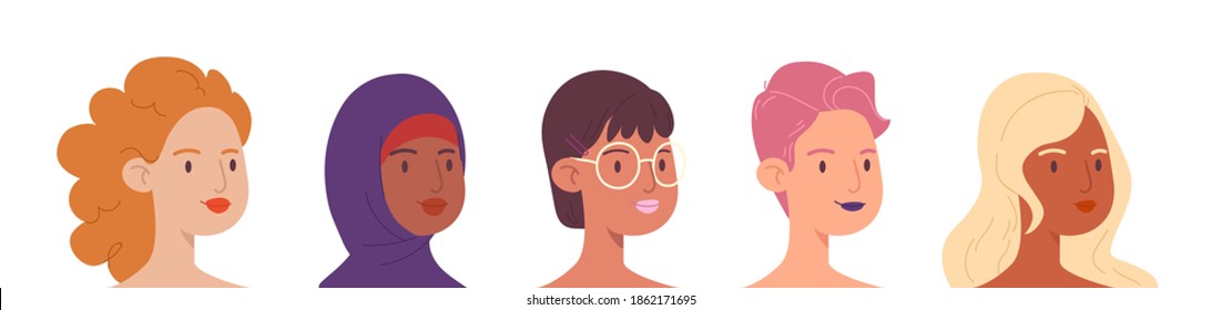 Multicultural women. A horizontal banner with various female faces in a row up to the shoulders. Isolated set of cartoon avatars with young girls of different cultures. Vector stock illustration.