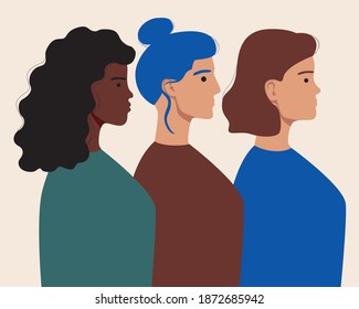Mujeres multiculturales aisladas. Ilustración de material vectorial plano. Concepto de mujeres feministas, feminidad, sociedad multicultural. Mujeres modernas de perfil, grupo étnico diferente. Piel negra, adultos, jóvenes