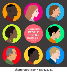 Multicultural Women And Men Profile Icon Set, Face As Seen From The Side, Avatar Icons, Vector Illustration