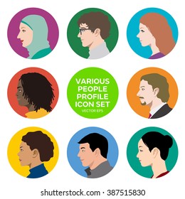 Multicultural Women And Men Profile Icon Set, Face As Seen From The Side, Avatar Icons, Vector Illustration