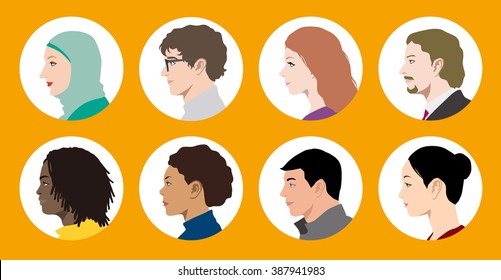 Multicultural Women And Men Profile Icon Set, Face As Seen From The Side, Avatar Icons, Vector Illustration