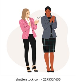 Multicultural Women in Office clothes Clapping hands thanking or showing appreciation at Event. Acknowledgement and gratitude. Flat vector illustration.