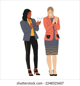 Mujeres multiculturales en ropa de oficina aplaudiendo manos agradeciendo o mostrando aprecio en el evento. Agradecimiento y gratitud. Ilustración vectorial.