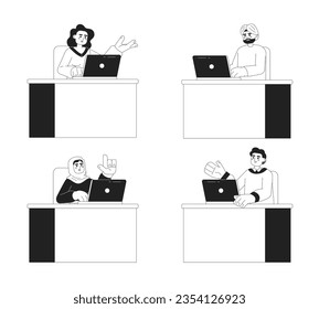 Multicultural workers at office semi monochrome concept vector spot illustrations set. People sitting at desk 2D flat bw cartoon characters for web UI design. Isolated editable creative hero image