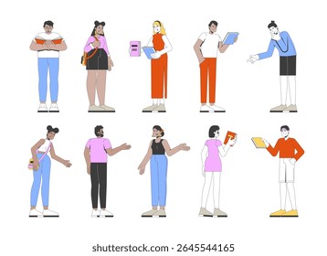 Multicultural young adults standing and engaged with books 2D cartoon characters set. Diverse students bookstore visitors readers flat vector people isolated on white. Spot illustrations collection