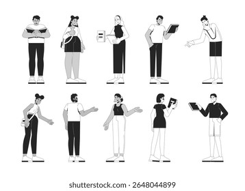 Multicultural young adults standing, engaged with books 2D line characters set. Diverse students bookstore visitors readers isolated vector ink outline people. Monochrome spot illustrations collection