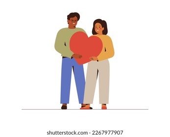 Multicultural Young couple in love. Man and woman hold in the hands a big heart. People help and donate for charitable. Hope and assistance concept. Vector illustration