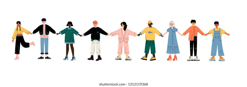 Multicultural Young People Standing in Row Together Holding Hands, Friendship, Unity, Tolerance Vector Illustration