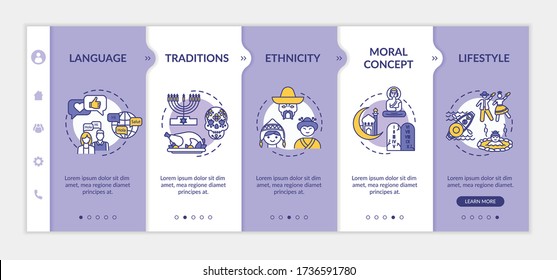 Multiculturalism onboarding vector template. National tradition. Multiethnical lifestyle. Culture and history. Responsive mobile website with icons. Webpage walkthrough step screens. RGB color concept