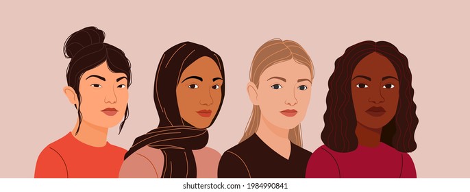 Multiculturalism theme. Four women of different nationalities, cultures, skin color and hair are standing side by side. Brave girls support the feminist movement. Sisterhood and female friendship.