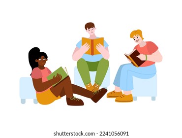 Multi-culture people read books. Afrcan american, asian, caucasian, latino american are set of reading characters. Vector illustration about diversity in cartoon style