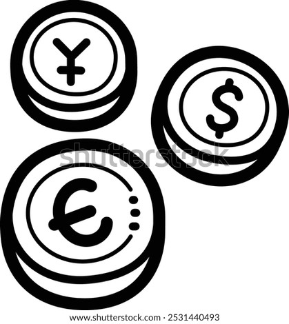 Multi-currency doodle vector icon and illustration