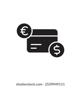 Ícone Multimoeda com Símbolos de Cartão de Crédito e Moeda Global, Representando Transações Internacionais, Câmbio de Moeda e Pagamentos Globais