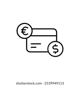 Ícone Multimoeda com Símbolos de Cartão de Crédito e Moeda Global, Representando Transações Internacionais, Câmbio de Moeda e Pagamentos Globais