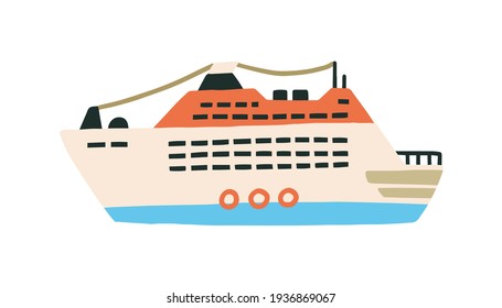 Multi  deck cruise ship ferry in Scandinavian style  Passenger sea vessel isolated white background  Colored flat vector illustration giant marine transport