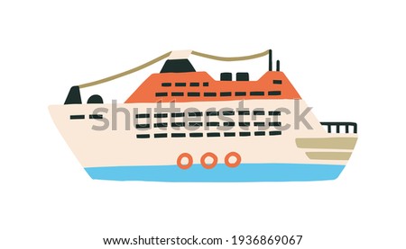 Multi-deck cruise ship or ferry in Scandinavian style. Passenger sea vessel isolated on white background. Colored flat vector illustration of giant marine transport