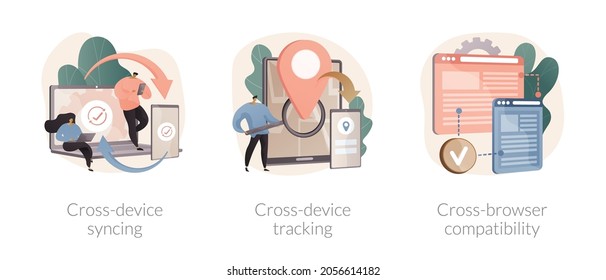 Multi-device compatibility abstract concept vector illustration set. Cross-device syncing and tracking, cross-browser compatibility, website mobile and desktop versions, UX design abstract metaphor.