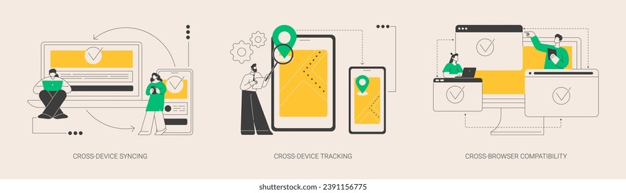 Multi-device compatibility abstract concept vector illustration set. Cross-device syncing and tracking, cross-browser compatibility, website mobile and desktop versions, UX design abstract metaphor.