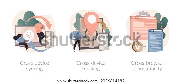 Multi-device compatibility abstract concept\
vector illustration set. Cross-device syncing and tracking,\
cross-browser compatibility, website mobile and desktop versions,\
UX design abstract\
metaphor.