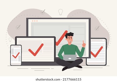 Multidevice targeting concept. Man with laptop sits next to smartphones, tablets and computer. Cloud service and gadget synchronization. Cross device metaphor. Cartoon flat vector illustration