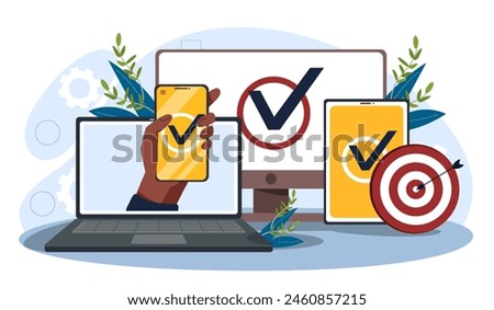 Multi-device targeting concept. Various digital devices displaying checkmarks, suggesting task completion or goal achievement. Flat modern vector illustration
