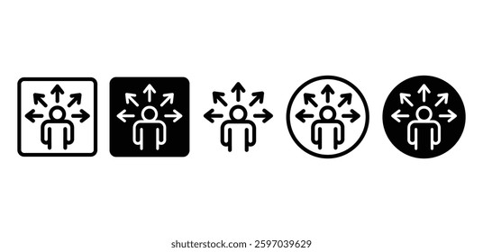 Multidirectional Arrows Surrounding a Skill Person Icon Set Black and White Square and Circle Variations Vector Design Illustration