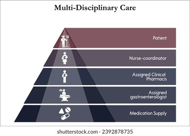 Atención multidisciplinaria - Paciente, Coordinador de Enfermeras, Farmacéuticos Clínicos Asignados, Gastroólogo asignado, Suministro de Medicación. Plantilla infográfica con iconos