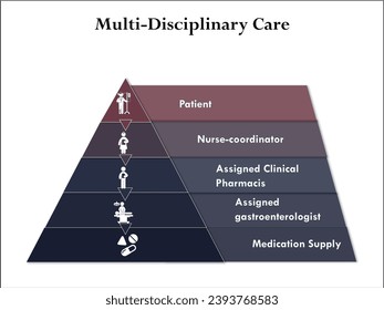 Multi-disciplinary care - Patient, Nurse Coordinator, Assigned Clinical Pharmacists, Assigned gastrologist, Medication Supply. Infographic template with icons