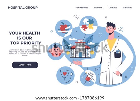 Multidisciplinary hospital banner, online healthcare clinic, visit planner, first aid website concept. Doctor showing online clinic departments: nutrition, therapy, pediatrics, analyzes, psychology.