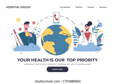 Multidisciplinary hospital concept, online healthcare clinic, visit planner, first aid website concept. Doctor prescribes recomendations to sick patient online 24 / 7.
