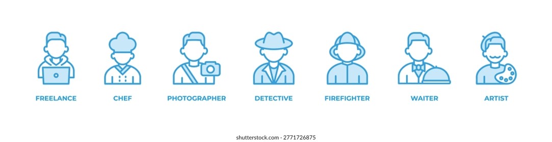 Multidisciplinary Professional Icons set vector illustration outline blue with FREELANCE , CHEF, PHOTOGRAPHER, DETECTIVE, FIREFIGHTER, WAITER, ARTIST