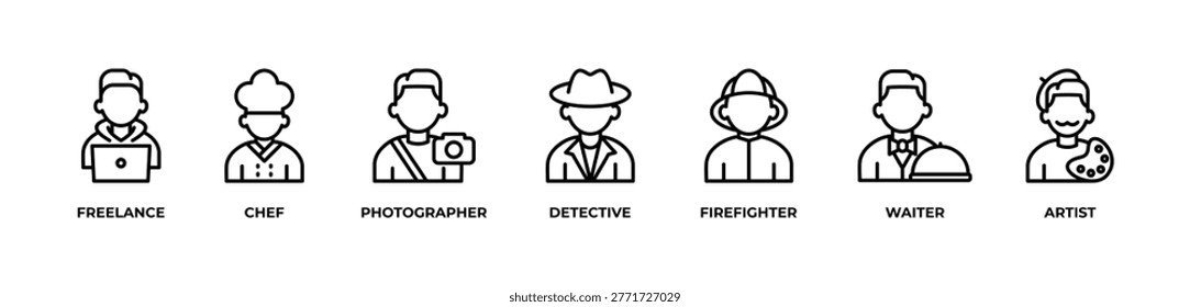 Multidisciplinary Professional Icons set vector illustration outline with FREELANCE , CHEF, PHOTOGRAPHER, DETECTIVE, FIREFIGHTER, WAITER, ARTIST