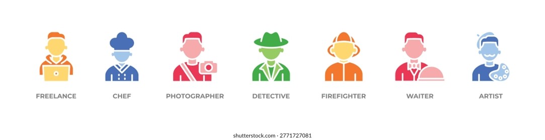 Multidisciplinary Professional Icons set vector illustration glyph color with FREELANCE , CHEF, PHOTOGRAPHER, DETECTIVE, FIREFIGHTER, WAITER, ARTIST