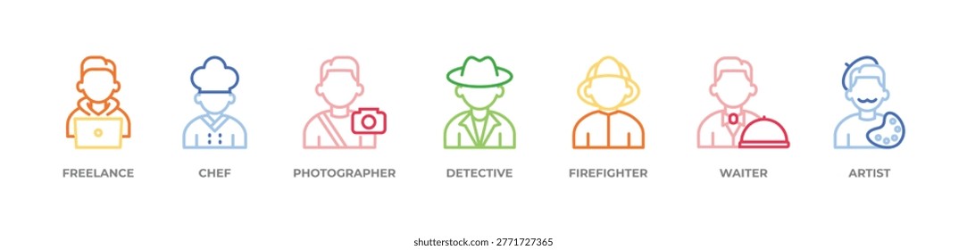 Multidisciplinary Professional Icons set vector illustration outline color with FREELANCE , CHEF, PHOTOGRAPHER, DETECTIVE, FIREFIGHTER, WAITER, ARTIST