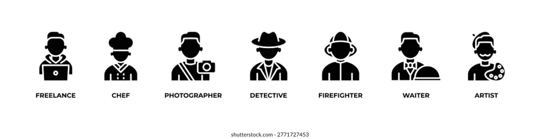 Multidisciplinary Professional Icons set vector illustration glyph with FREELANCE , CHEF, PHOTOGRAPHER, DETECTIVE, FIREFIGHTER, WAITER, ARTIST