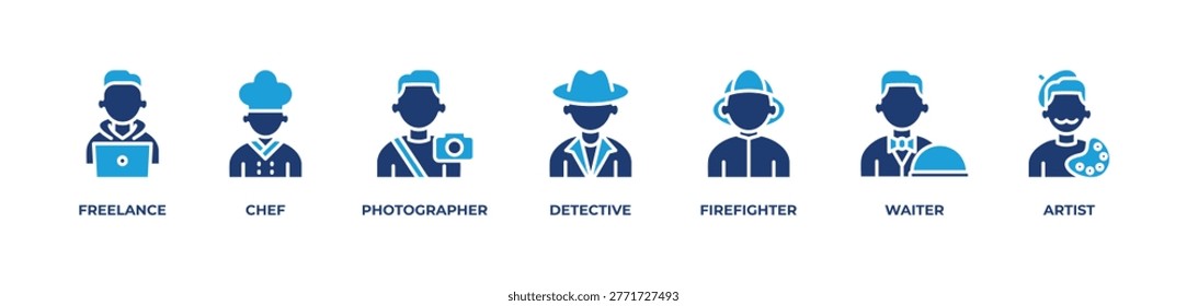 Multidisciplinary Professional Icons set vector illustration blue with FREELANCE , CHEF, PHOTOGRAPHER, DETECTIVE, FIREFIGHTER, WAITER, ARTIST