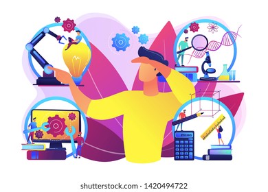 Multidisciplinary teaching method, modern learning system, knowledge gaining. STEM education, STEM integration, engineering for kids concept. Bright vibrant violet vector isolated illustration