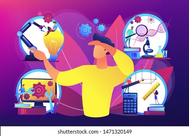 Multidisciplinary teaching method, modern learning system, knowledge gaining. STEM education, STEM integration, engineering for kids concept. Bright vibrant violet vector isolated illustration