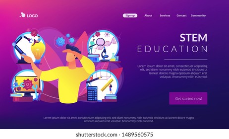 Multidisciplinary teaching method, modern learning system, knowledge gaining. STEM education, STEM integration, engineering for kids concept. Website homepage landing web page template.
