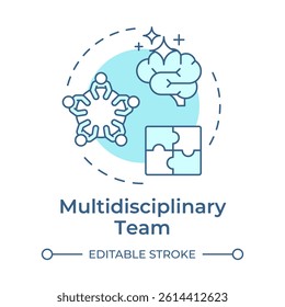 Multidisciplinary team soft blue concept icon. Brainstorm, teamwork. Creative thinking. Round shape line illustration. Abstract idea. Graphic design. Easy to use in infographic, presentation