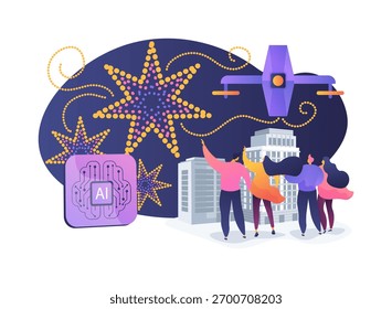 Multi-Drone Formation abstract concept vector illustration. Coordinated drones perform a synchronized light show over city skyline, creating patterns in flight. abstract metaphor.