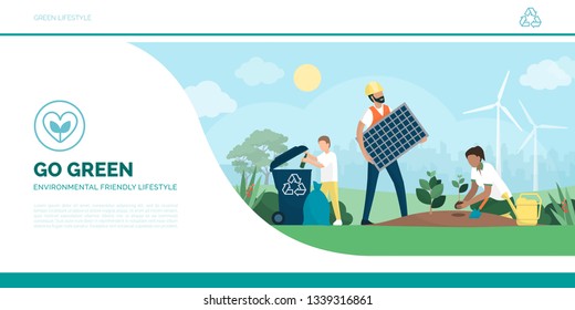 Multiethnic active family helping the environment: the child is recycling waste, the man is installing a solar panel and the woman is growing new plants, eco-friendly lifestyle and sustainability