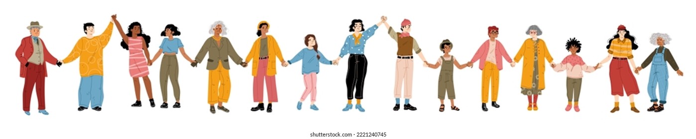 Multiethnic adult people and children holding hands isolated on white background. Senior, young characters and kids standing in line together. Friendship, support and unity. Flat vector illustration